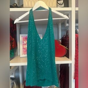 BCBGMaxazria Teal Sequin Silk Knit Halter Top
